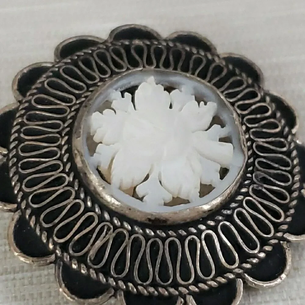 Vintage 935 Silver Jerusalem Carved Mother Of Pearl Flower Brooch Pin Pendant